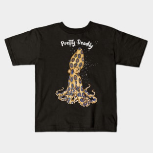 Pretty Deadly Blue Ring Octopus Art White Text Kids T-Shirt